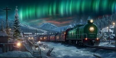 polar Rápido viaje mediante Nevado paisaje con verde brillante del Norte luces en noche cielo - ai generado foto