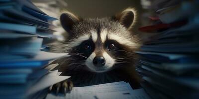 Cheerful Raccoon Amidst a Pile of Office Files and Documents - AI generated photo