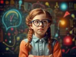 linda pequeño inteligente dotado niña con lentes rodeado por científico símbolos - ai generado foto