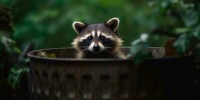 Cheeky Raccoon Peeking Out of a Trash Can with Mischief in its Eyes AI generated photo