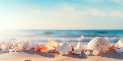 Sea shells and rocks on the beach photo