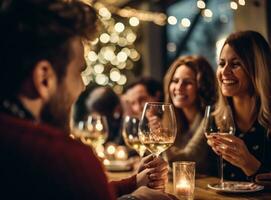 personas a un mesa celebrando Navidad con brillante espumoso luces foto