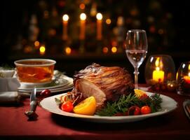 Christmas dinner with roasted ham photo