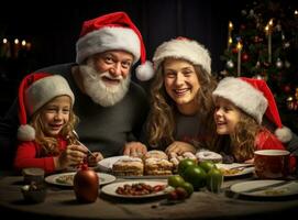 familia con Navidad sombreros comiendo foto
