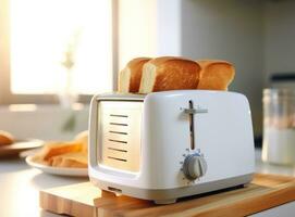 Breakfast toasts with toaster photo