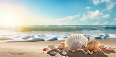 Sea shells and rocks on the beach photo