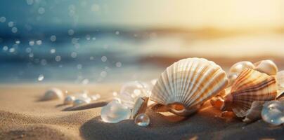 Sea shells and rocks on the beach photo