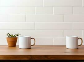 Wooden kitchen table with coffee cups photo