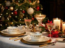 Beautiful Christmas table for holiday dinner photo