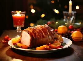 Christmas dinner with roasted ham photo