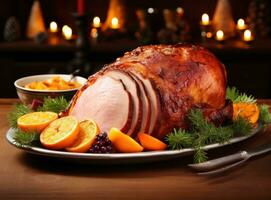 Christmas dinner with roasted ham photo