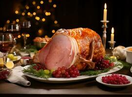 Christmas dinner with roasted ham photo