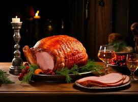 Christmas dinner with roasted ham photo