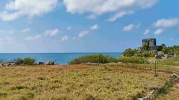 natuurlijk zeegezicht panorama uitzicht tulum ruïnes mayan site tempel mexico. video