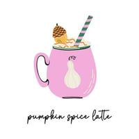 Pumpkin spice latte. Seasonal hot drink. Coffee cup with whipped cream, straw and acorn decor. Cute design for cards, prints, posters. vector