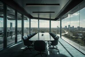 Modern office meeting room interior with glass windows. Created with Generative AI photo