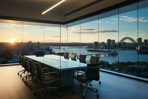 Modern office meeting room interior with glass windows. Created with Generative AI photo