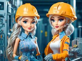 Beautiful doll worker in helmet, labour day concept. Young engineer woman working in industrial factory. photo