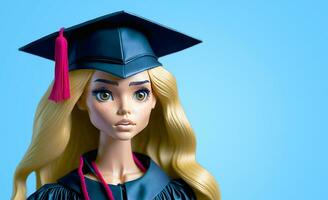 Cute cartoon school girl, plastic doll in college or graduate university. Student learning, concept of education. photo