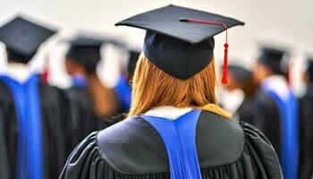 Rear view of a young university graduate standing and wearing graduation gown and cap. AI Generative photo