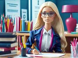 Cute cartoon school girl, plastic doll in college or graduate university. Student learning, concept of education. AI Generative photo