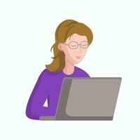 el mujer trabajos a el computadora. niña y ordenador portátil. trabajar, estudiar, oficina, Lanza libre, hogar. vector