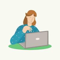 Young woman  with laptop. Work, study, communication in social networks. Office House. vector