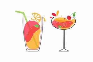 Set of delicious summer cocktails and fruit. Different colored drinks in wine glasses. Mixed cold drinks. Fresh exotic tropical beach bar. Alcohol, lemonade vector icon on white background.