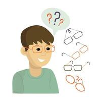 World Day of Sight. Eye glasses. The man in the optics salon. The guy ponders the choice of glasses. vector