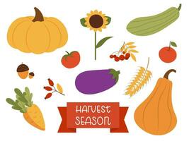 Harvest season set in flat style. Vector illustration with handwritten text