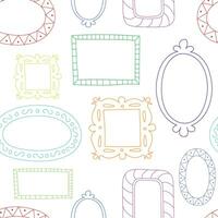 Doodle hand drawn colorful seamless pattern isolated on white background. Kawaii pastel thin cute frames in vintage style, vector sketch.