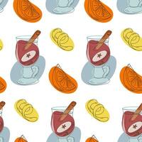 Seamless pattern of Mulled wine with cinnamon stick and apple slice, orange and lemon zest. Isolate vector