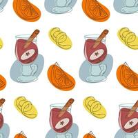 Seamless pattern of Mulled wine with cinnamon stick and apple slice, orange and lemon zest. Isolate vector