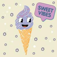 Abstract groovy ice cream cone with face. 70s, 80s, 90s vibes funky food sticker. Retro dessert vector illustration. Vintage nostalgia element for card, poster design and print