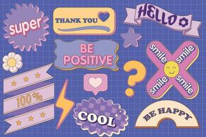 Vector set of text bubbles in retro style.With text elements on a dark purple background. Various shapes of bubbles with hipster patterns are suitable for designing banners, websites, presentations.