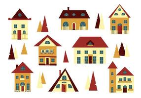 Set of isolated cute tiny houses, small buildings and pines in Scandinavian style. vector