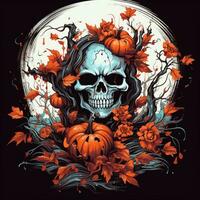 skull pumpkins with flower art illustration on black background photo