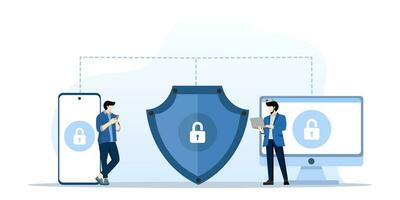 ciber seguridad concepto con caracteres. datos seguridad, protegido acceso control, intimidad datos proteccion. moderno plano estilo vector ilustración para aterrizaje página, web bandera, infografía y otros.