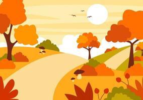 otoño paisaje antecedentes vector ilustración con montañas, campos, arboles y otoño hojas en plano dibujos animados natural temporada panorama plantillas