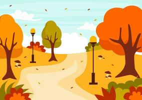 otoño paisaje antecedentes vector ilustración con montañas, campos, arboles y otoño hojas en plano dibujos animados natural temporada panorama plantillas