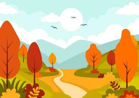 otoño paisaje antecedentes vector ilustración con montañas, campos, arboles y otoño hojas en plano dibujos animados natural temporada panorama plantillas