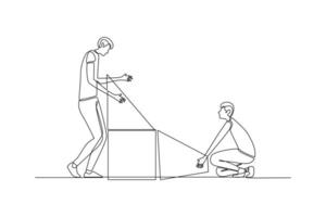 One continuous line drawing of Concept of co working, business partnership, analytics or teamwork. Colleagues work together with geometrical shapes. Doodle vector illustration in simple linear style.