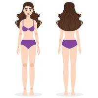 Full body cute girl front and back. Cute lady with curly hairs for animation, game of advertisign. Vector character illustration