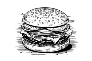 Burger engraving style art. Hand drawn vector illustration of hamburger.