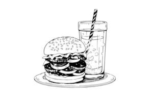 Burger and soda engraving style art. Hand drawn vector illustration of hamburger.