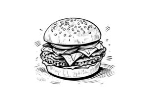 Burger engraving style art. Hand drawn vector illustration of hamburger.