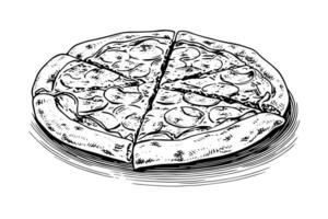 Sliced pizza sketch hand drawn engraving style Vector illustration.