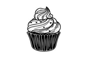 Cupcake in engraving style. Ink sketch isolated on white background. Hand drawn vector illustration