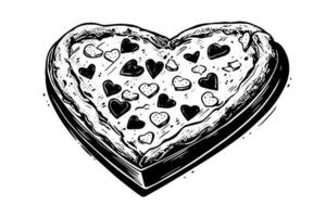 Heart-shaped pizza  sketch hand drawn engraving style Vector illustration