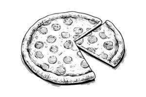 Sliced pizza sketch hand drawn engraving style Vector illustration.